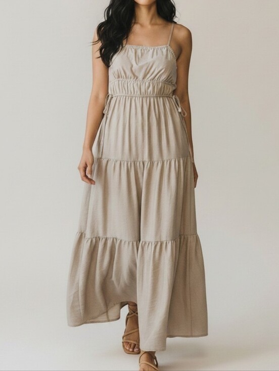 Blu Pepper Dresses & Skirts - Blu Pepper Taupe Tiered Maxi Dress with Spaghetti Straps